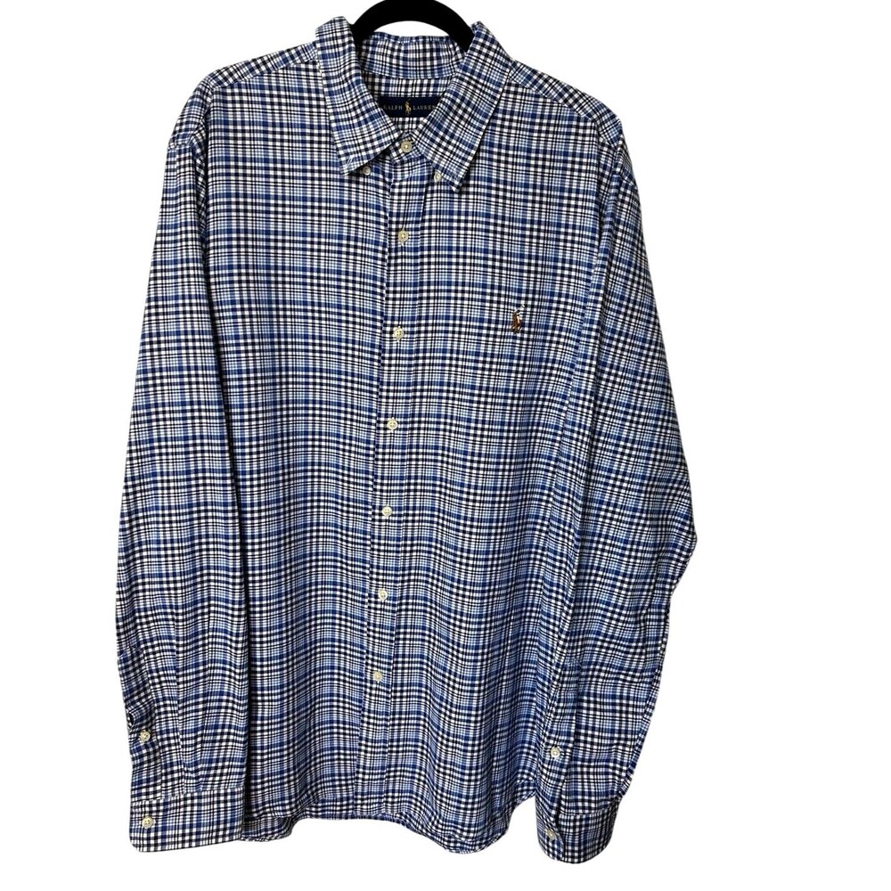 Ralph Lauren Men's Blue Cotton Plaid Check Pony Button Up Long Sleeves Shirt XXL